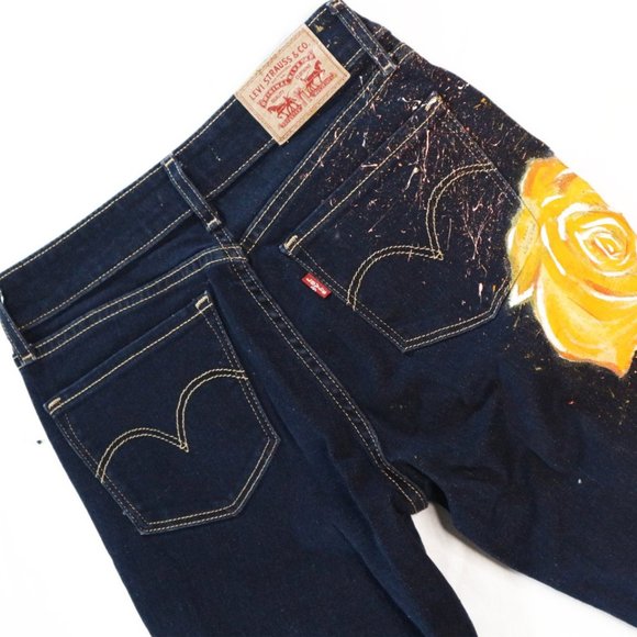 Yellow and Pink Rose Painted Dark Wash Skinny Levi - Picture 1 of 4